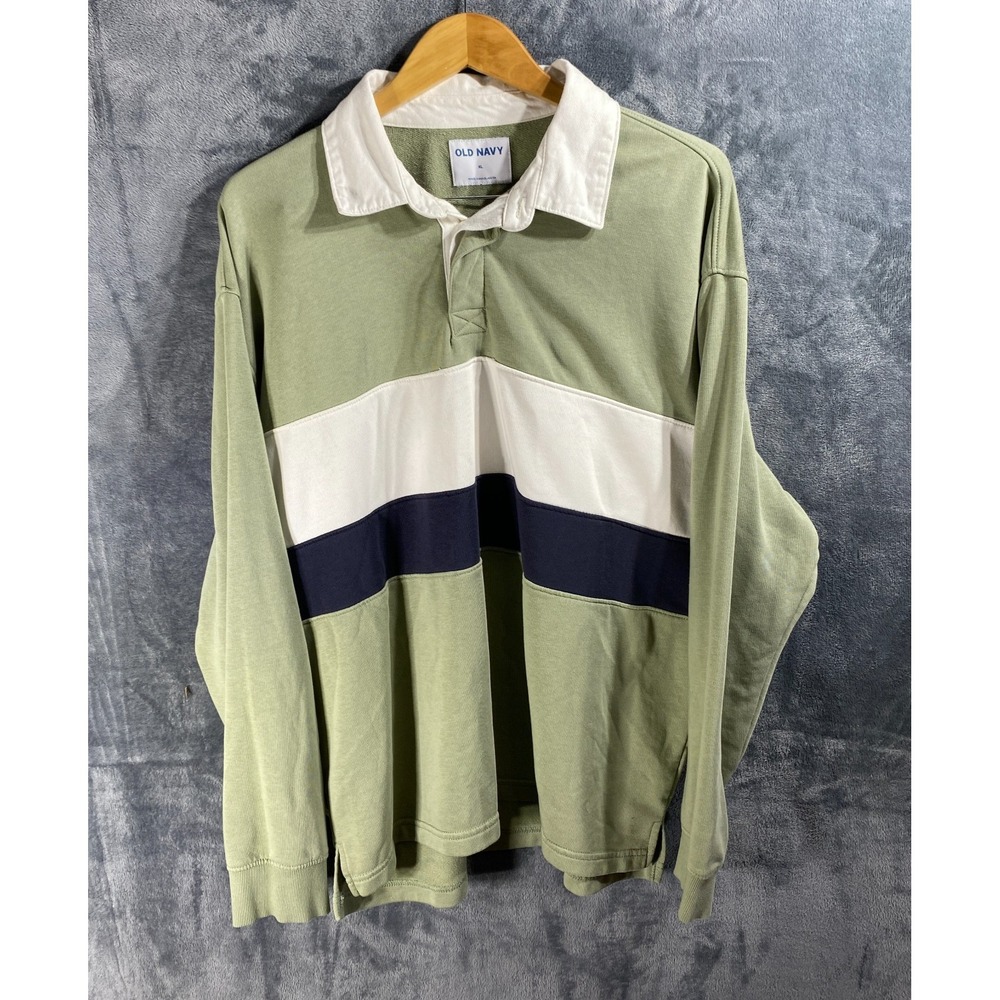 Vintage Y2K Old Navy Rugby Shirt Mens XL Preppy Polo Green Stripes Long Sleeve